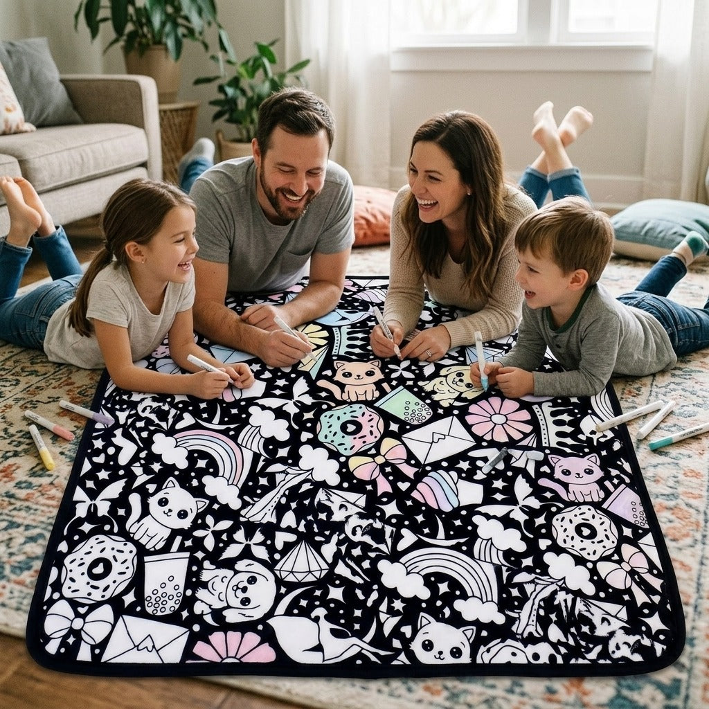 Family lying on the floor coloring the Sweet Doodles coloring blanket together