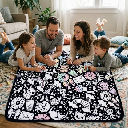 Family lying on the floor coloring the Sweet Doodles coloring blanket together